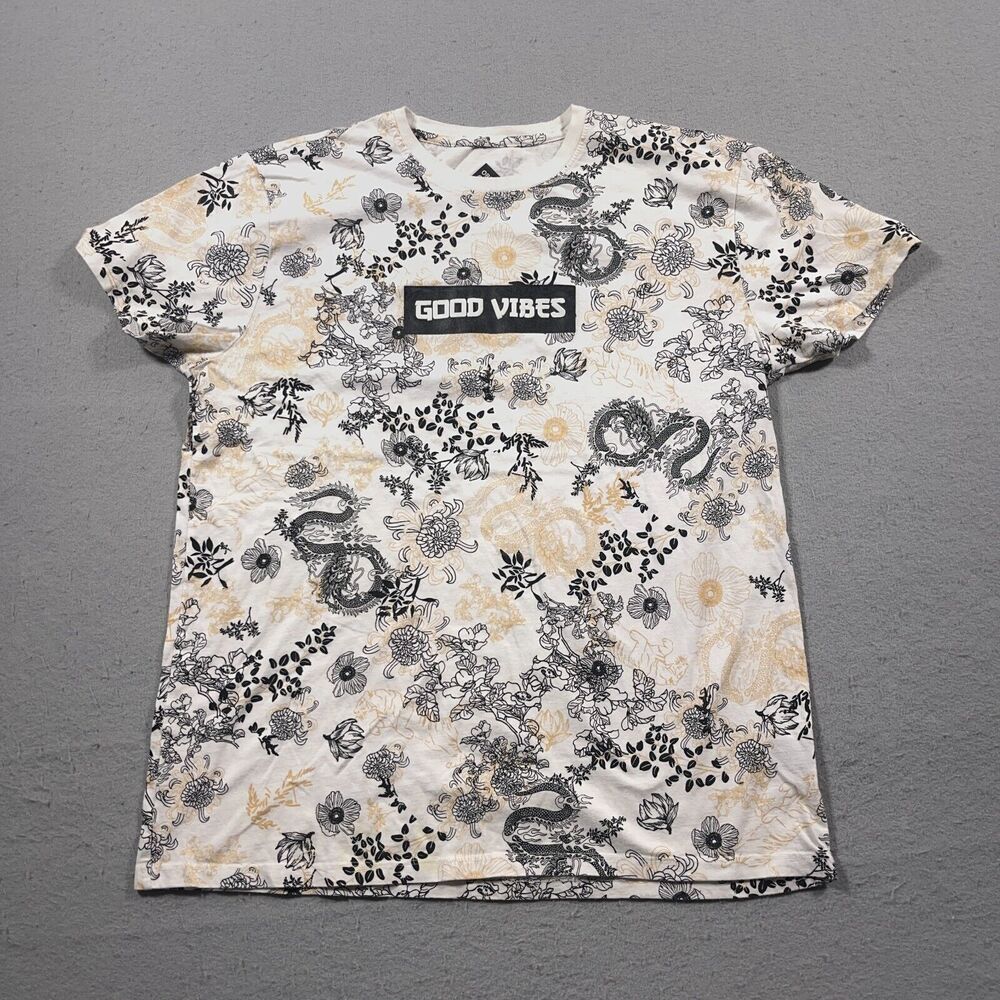 Good Vibes Graphic Shirt Men XL White Black Floral Dragon All Over Print Casual
